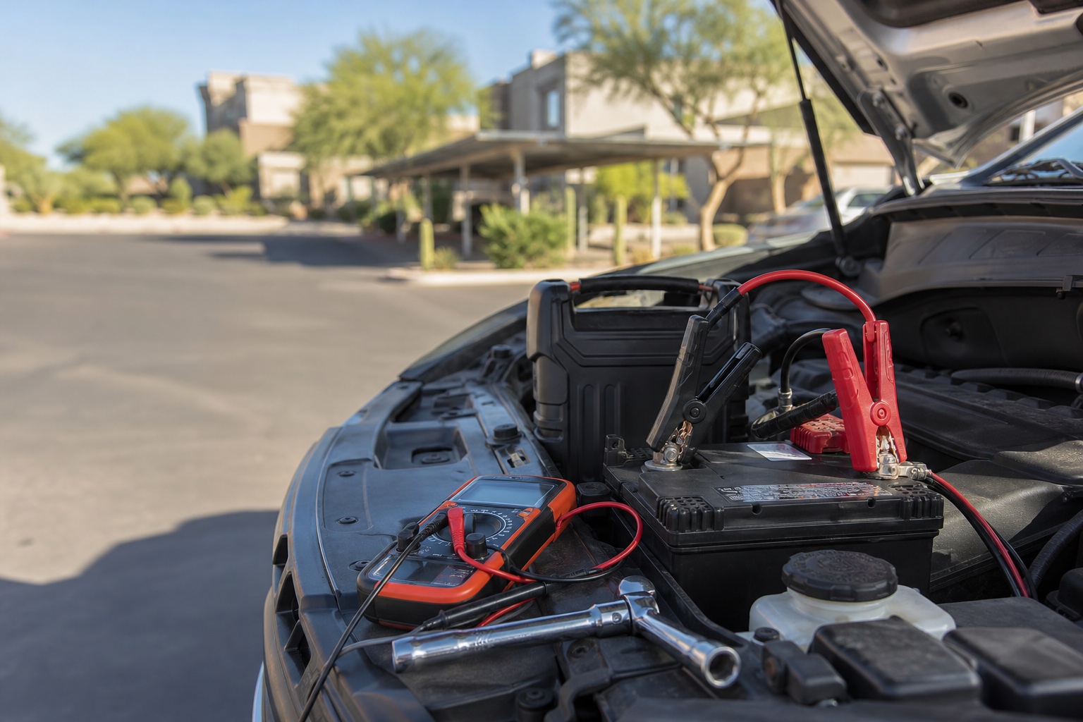 mechanic checking brake pads on SUV parked on Camarillo side street